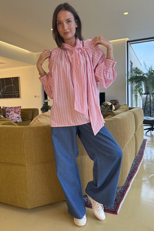 Nantucket Stripe Tie Neck Blouse Soft Red